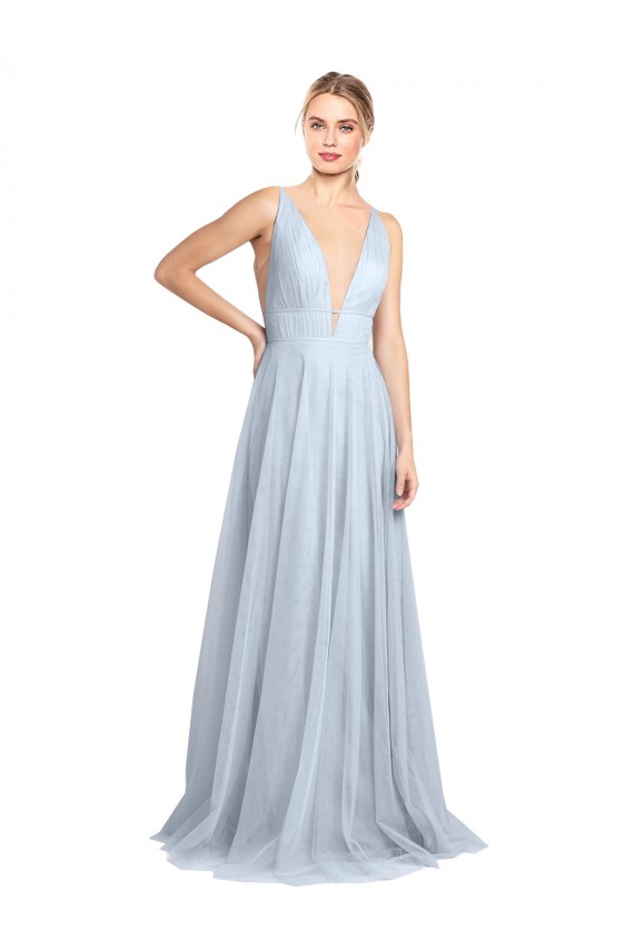 Cheap Plunging Deep V-Neck Long Tulle Bridesmaid Dress with V-Back Canada