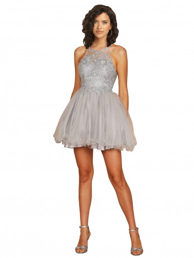 Cheap Halter Neckline Criss Cross Back Short Cocktail Dress with Beaded Lace Bodice Canada
