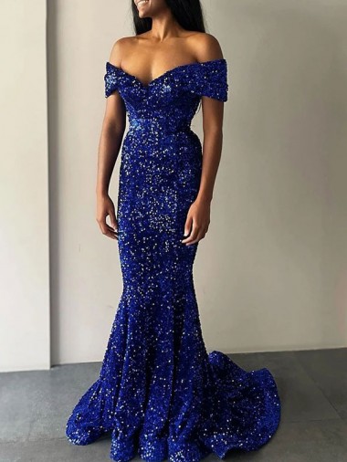 Cheap Mermaid Off the Shoulder Sleeveless Long Sweep Train Velvet Sequin Prom Dress Canada