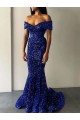 Cheap Mermaid Off the Shoulder Sleeveless Long Sweep Train Velvet Sequin Prom Dress Canada