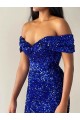 Cheap Mermaid Off the Shoulder Sleeveless Long Sweep Train Velvet Sequin Prom Dress Canada