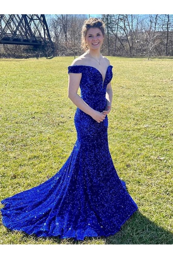 Cheap Off the Shoulder Sleeveless Long Sweep Train Velvet Sequin Prom Dress Canada