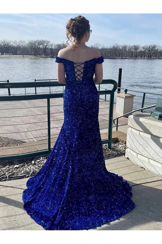 Cheap Off the Shoulder Sleeveless Long Sweep Train Velvet Sequin Prom Dress Canada