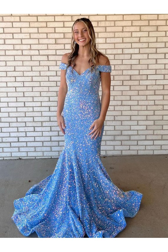 Cheap Mermaid Off the Shoulder Sleeveless Long Floor Length Velvet Sequin Prom Dress Canada