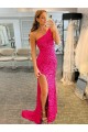 Cheap One Shoulder Sleeveless Long Velvet Sequin Prom Dress with High Slit Canada