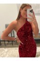 Cheap Open Back One Shoulder Sleeveless Long Sweep Train Velvet Sequin Prom Dress Canada