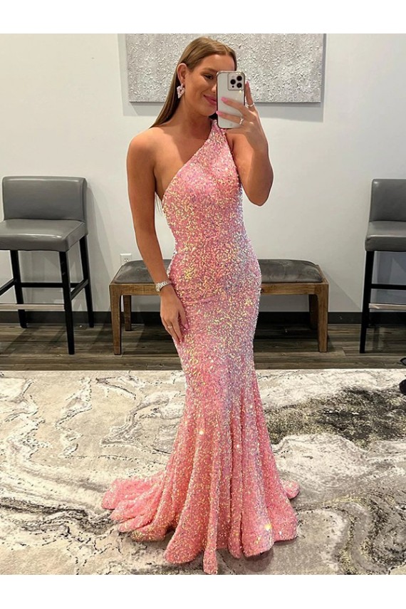 Cheap Open Back One Shoulder Sleeveless Long Sweep Train Velvet Sequin Prom Dress Canada
