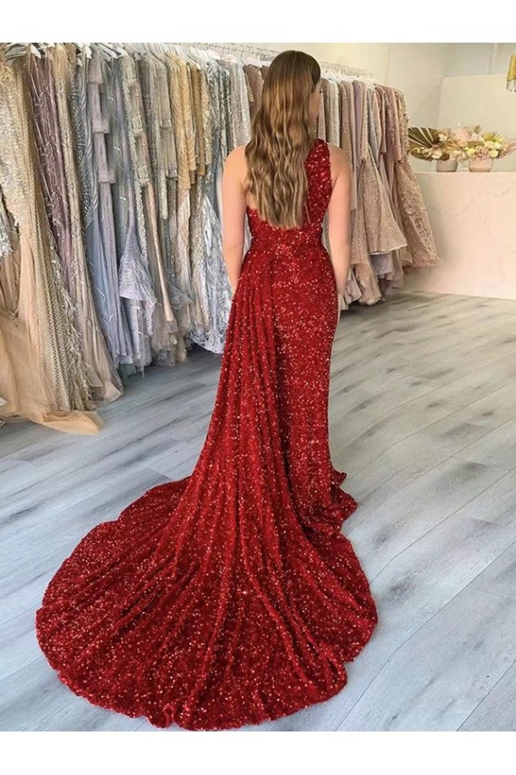 Cheap One Shoulder Sleeveless Long Court Train Velvet Sequin Prom Dress with Slit Canada