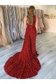 Cheap One Shoulder Sleeveless Long Court Train Velvet Sequin Prom Dress with Slit Canada