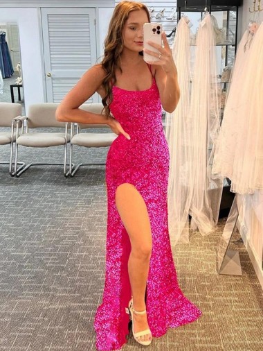 Cheap Spaghetti Straps Sleeveless Long Velvet Sequin Prom Dress with Slit and Criss Cross Open Back Canada
