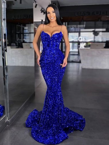 Cheap Mermaid Spaghetti Straps Sleeveless Long Sweep Train Velvet Sequin Prom Dress Canada