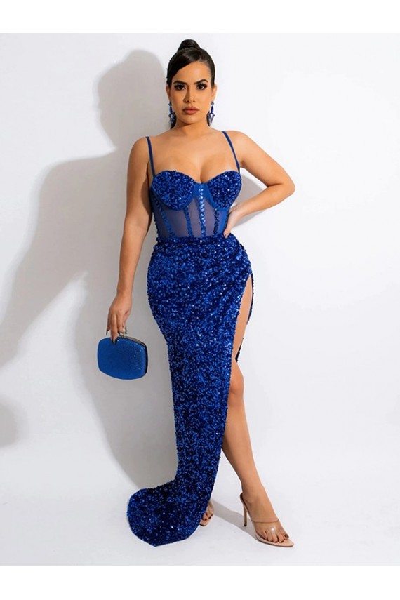 Cheap Long Sweep Train Spaghetti Straps Sleeveless Velvet Sequin Prom Dress with Slit Canada