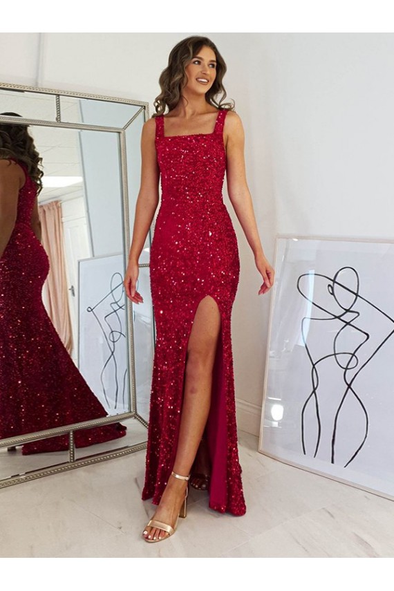 Cheap Square Neck Sleeveless Long Velvet Sequin Prom Dress with Slit Canada