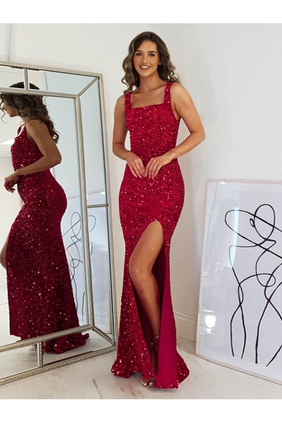 Cheap Square Neck Sleeveless Long Velvet Sequin Prom Dress with Slit Canada