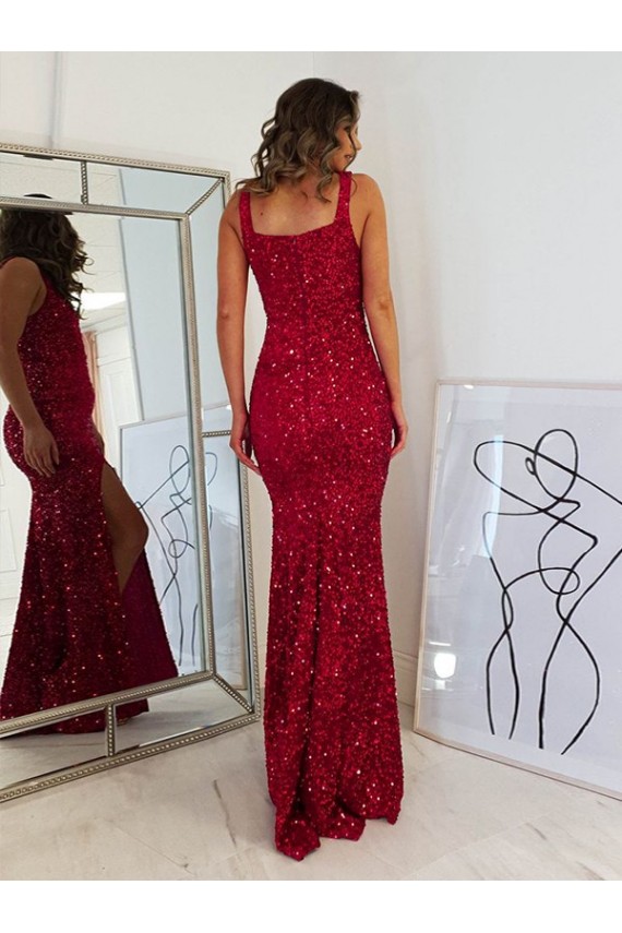 Cheap Square Neck Sleeveless Long Velvet Sequin Prom Dress with Slit Canada