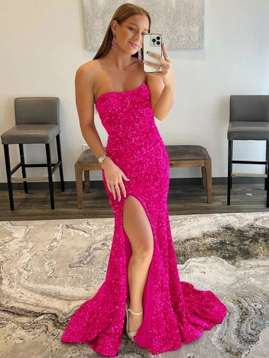 Cheap Strapless Sleeveless Long Sweep Train Velvet Sequin Prom Dress with Side Slit Canada