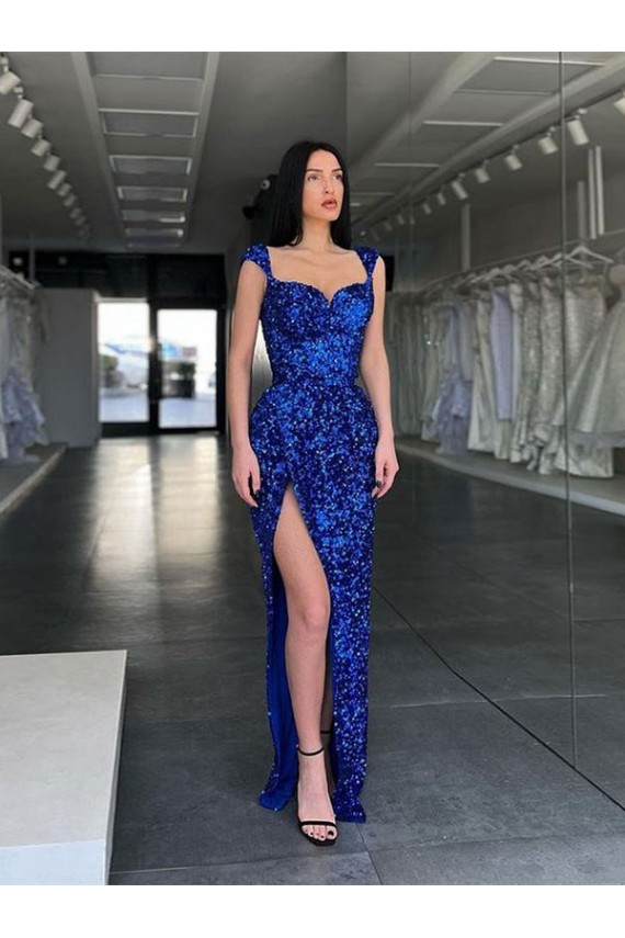 Cheap Sleeveless Long Sweep Train Velvet Sequin Prom Dress with High Slit and Straps Canada