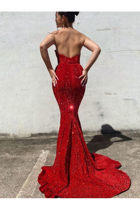 Cheap Mermaid Sweetheart Sleeveless Long Court Train Velvet Sequin Prom Dress Canada