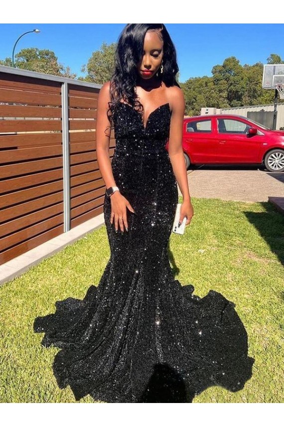Cheap Mermaid Sweetheart Sleeveless Long Floor Length Velvet Sequin Prom Dress Canada