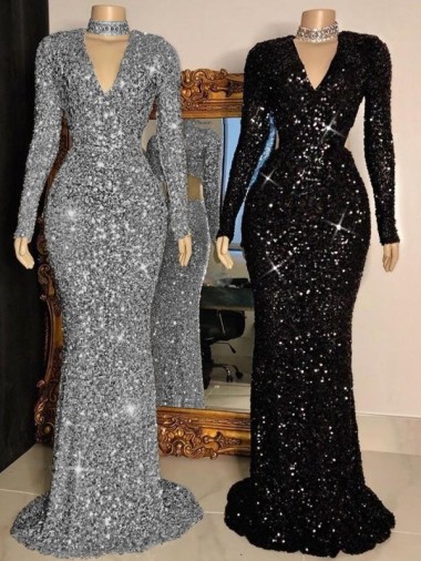 Cheap V-Neck Long Sleeves Long Sweep Train Velvet Sequin Prom Dress Canada