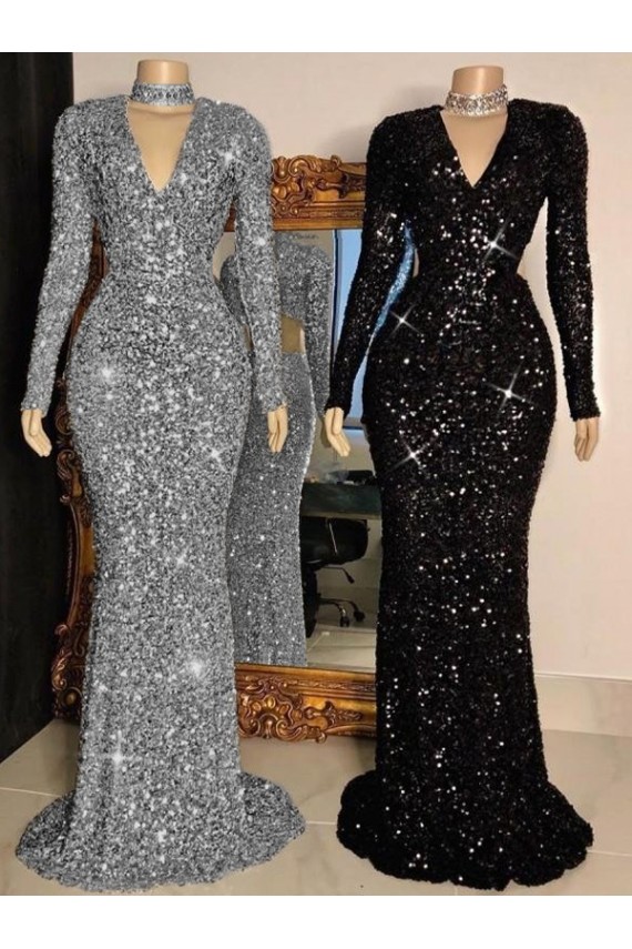 Cheap V-Neck Long Sleeves Long Sweep Train Velvet Sequin Prom Dress Canada
