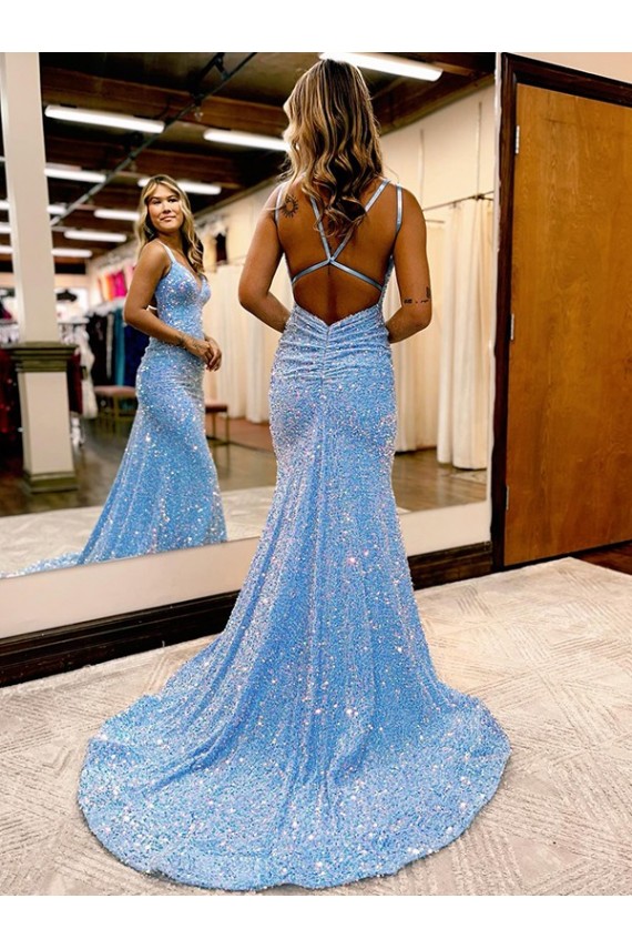 Cheap Criss Cross Open Back V-Neck Sleeveless Long Velvet Sequin Prom Dress Canada