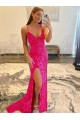 Cheap Velvet Sequin Long V-Neck Sleeveless Sweep Train Prom Dress with Slit Canada