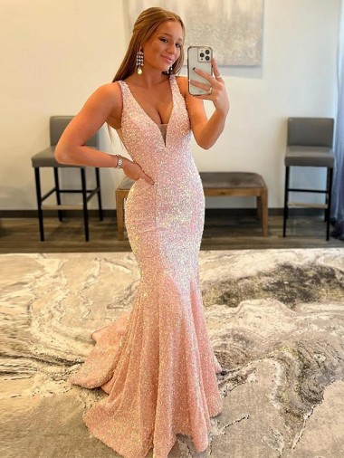 Cheap Deep V-Neck Sleeveless Long Low Back Velvet Sequin Prom Dress Canada