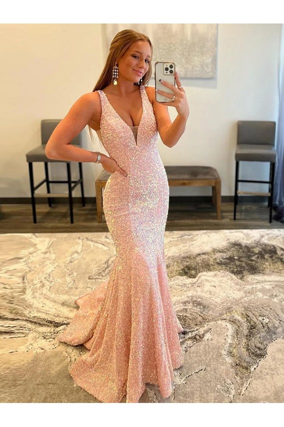 Cheap Deep V-Neck Sleeveless Long Low Back Velvet Sequin Prom Dress Canada