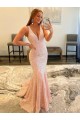 Cheap Deep V-Neck Sleeveless Long Low Back Velvet Sequin Prom Dress Canada