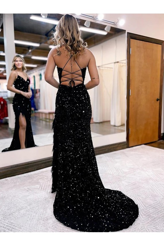 Cheap V-Neck Sleeveless Long Velvet Sequin Royal Blue Prom Dress with Side Slit Canada