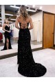 Cheap V-Neck Sleeveless Long Velvet Sequin Royal Blue Prom Dress with Side Slit Canada