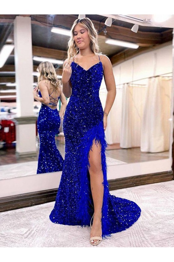 Cheap V-Neck Sleeveless Long Velvet Sequin Royal Blue Prom Dress with Side Slit Canada
