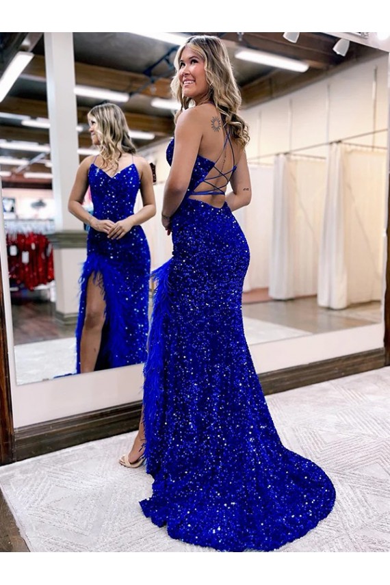 Cheap V-Neck Sleeveless Long Velvet Sequin Royal Blue Prom Dress with Side Slit Canada