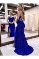 Cheap V-Neck Sleeveless Long Velvet Sequin Royal Blue Prom Dress with Side Slit Canada