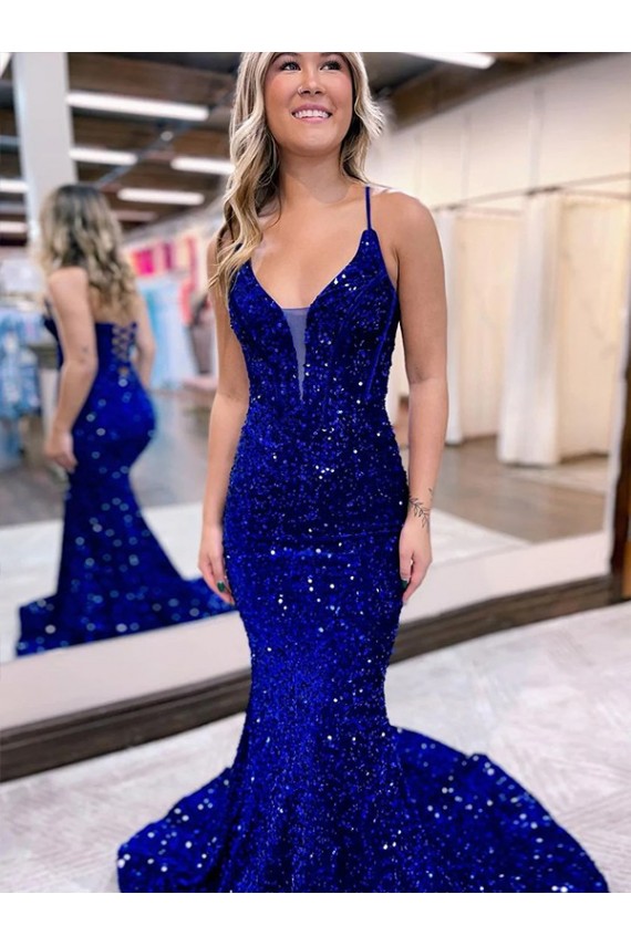 Cheap Mermaid V-Neck Sleeveless Long Court Train Velvet Sequin Prom Dress Canada