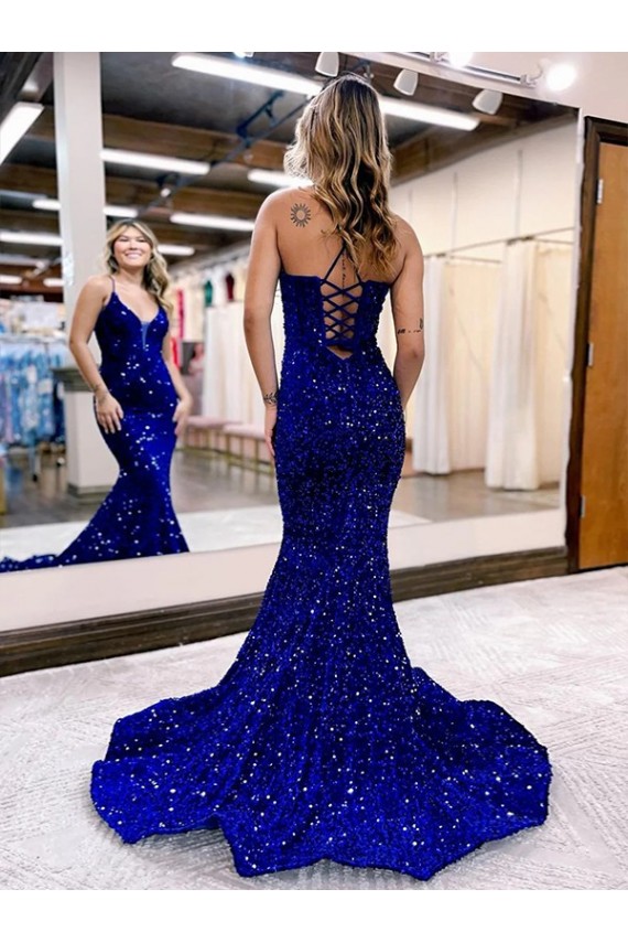 Cheap Mermaid V-Neck Sleeveless Long Court Train Velvet Sequin Prom Dress Canada
