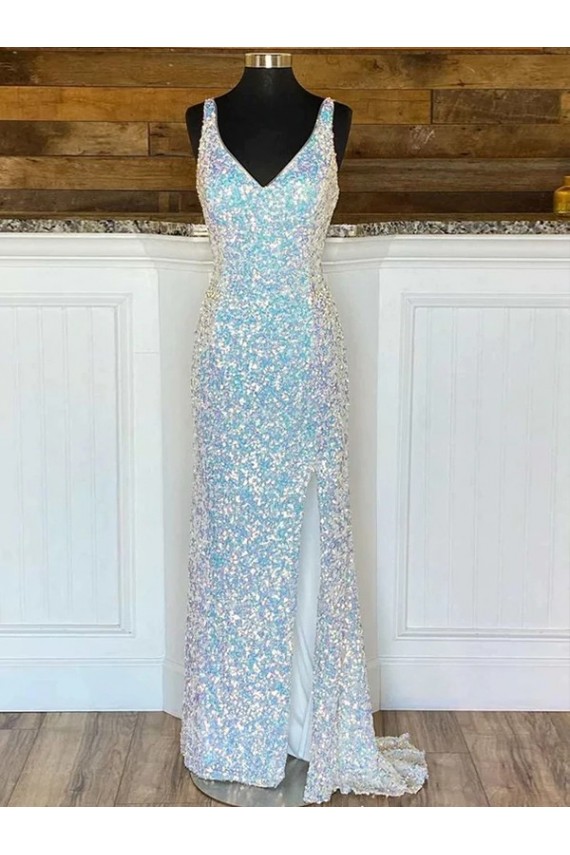 Cheap V-Neck Sleeveless Long Sweep Train Velvet Sequin Prom Dress Canada