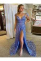 Cheap A-Line V-Neck Sleeveless Long Court Train Velvet Sequin Prom Dress with High Slit Canada