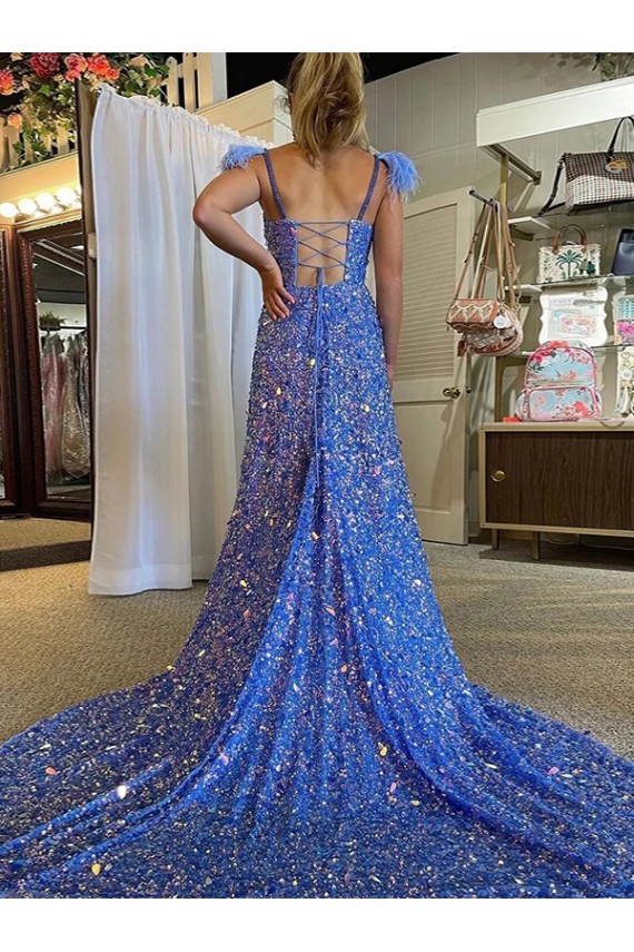 Cheap A-Line V-Neck Sleeveless Long Court Train Velvet Sequin Prom Dress with High Slit Canada