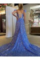 Cheap A-Line V-Neck Sleeveless Long Court Train Velvet Sequin Prom Dress with High Slit Canada