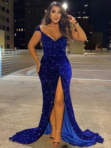 Cheap V-Neck Sleeveless Long Sweep Train Velvet Sequin Prom Dress with Slit Canada