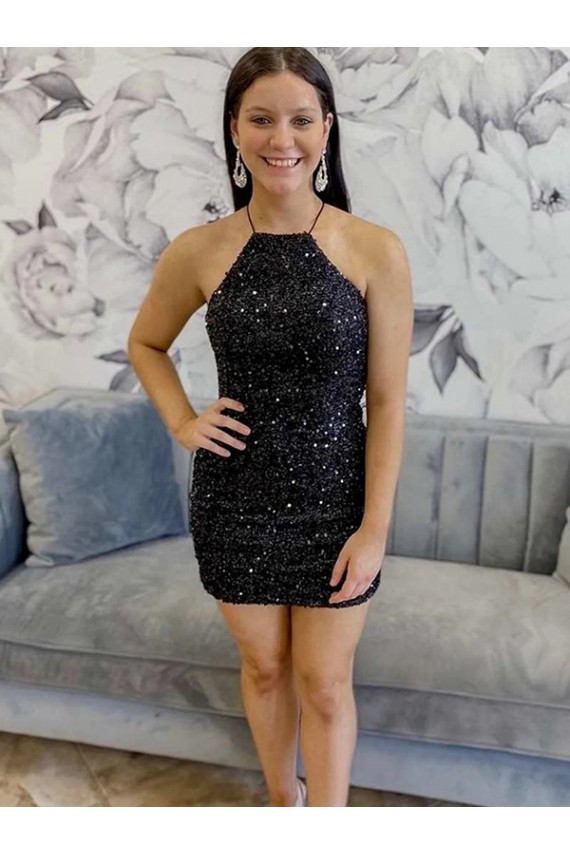 Cheap Halter Sleeveless Short Velvet Sequin Homecoming Dress / Prom Dress Canada