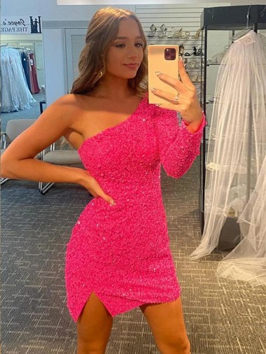Cheap Short Velvet Sequin One Shoulder Long Sleeves Homecoming Dress / Prom Dress Canada
