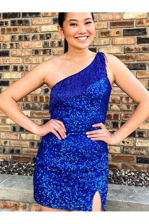Cheap One Shoulder Sleeveless Short Velvet Sequin Royal Blue Homecoming Dress / Prom Dress Canada