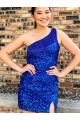 Cheap One Shoulder Sleeveless Short Velvet Sequin Royal Blue Homecoming Dress / Prom Dress Canada
