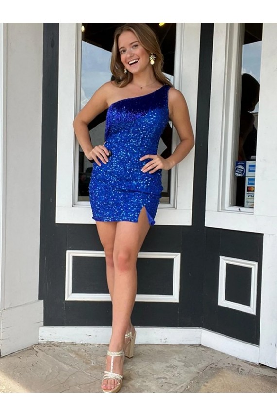 Cheap One Shoulder Sleeveless Short Velvet Sequin Royal Blue Homecoming Dress / Prom Dress Canada