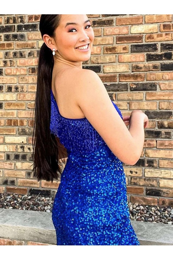 Cheap One Shoulder Sleeveless Short Velvet Sequin Royal Blue Homecoming Dress / Prom Dress Canada