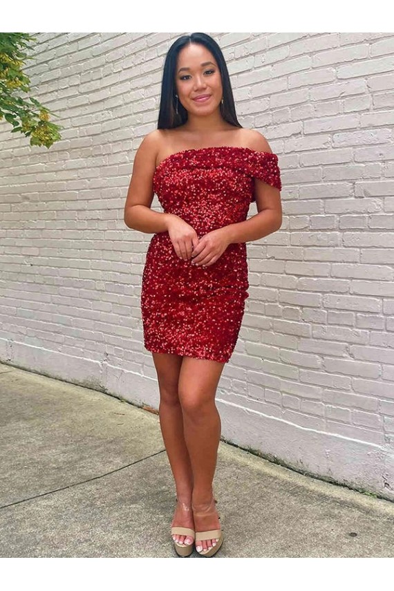 Cheap Short One Shoulder Sleeveless Velvet Sequin Cocktail Homecoming Dress / Prom Dress Canada