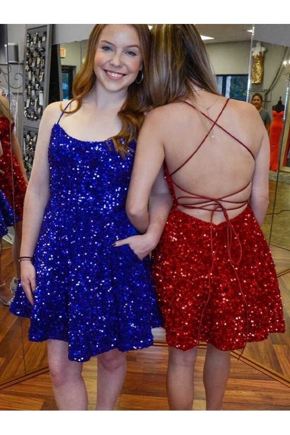 Cheap A-Line Spaghetti Straps Sleeveless Short Velvet Sequin Homecoming Dress / Prom Dress Canada